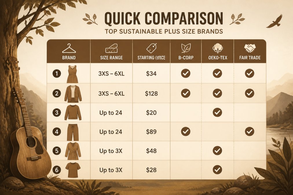 Comparison matrix of the best sustainable clothing for plus sizes featuring size ranges, pricing, and certifications.