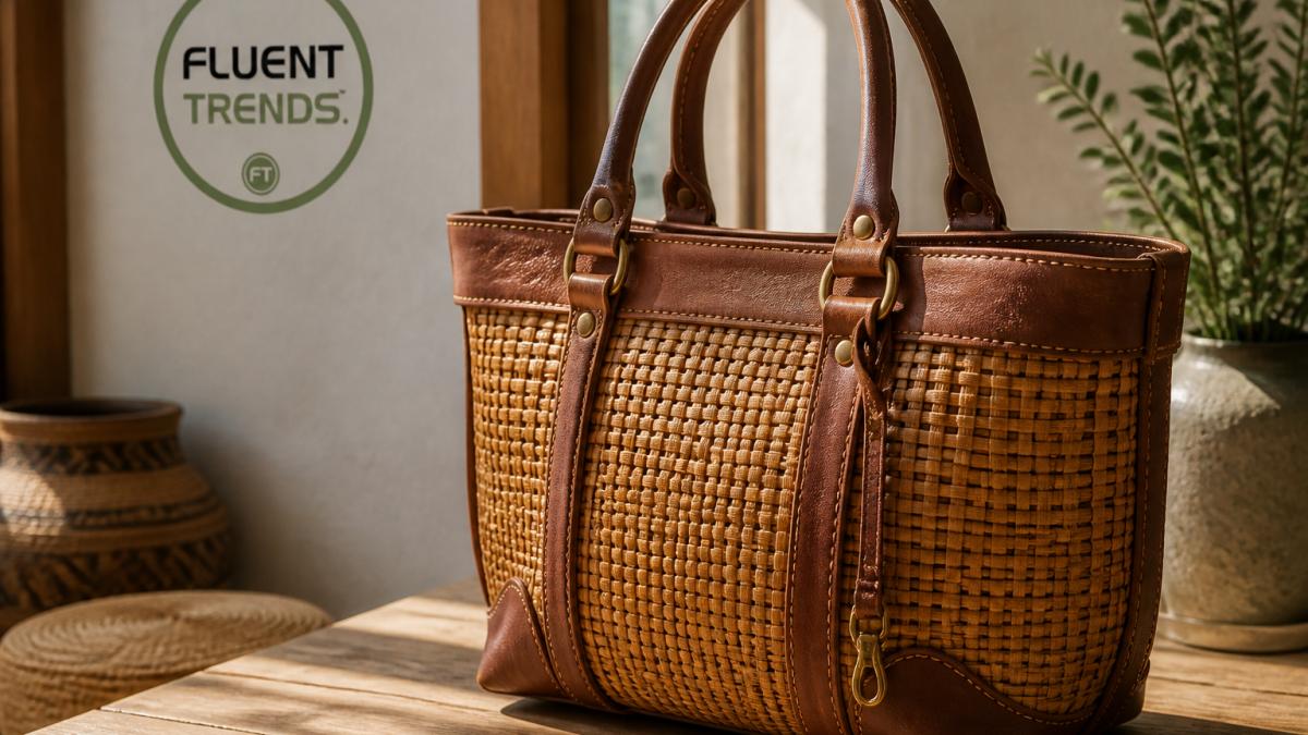 A close-up of a handcrafted leather and rattan tote bag resting on a wooden table, with natural light highlighting the woven texture and brass hardware