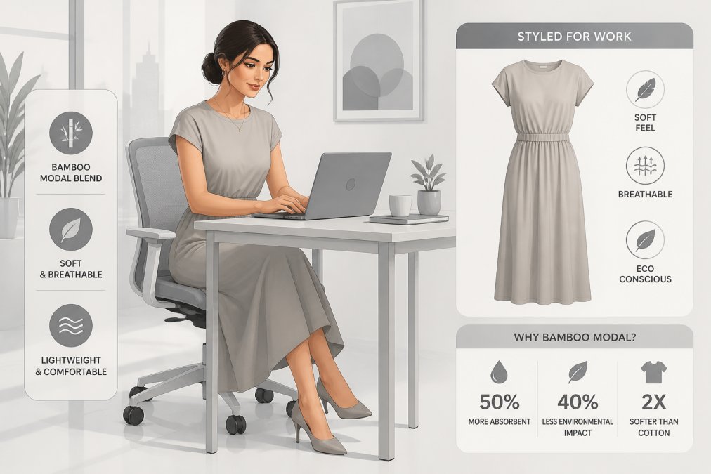 Young professional woman wearing a bamboo modal blend dress in a neutral tone, seated at a desk with a laptop in a bright office setting, showing the piece styled for work