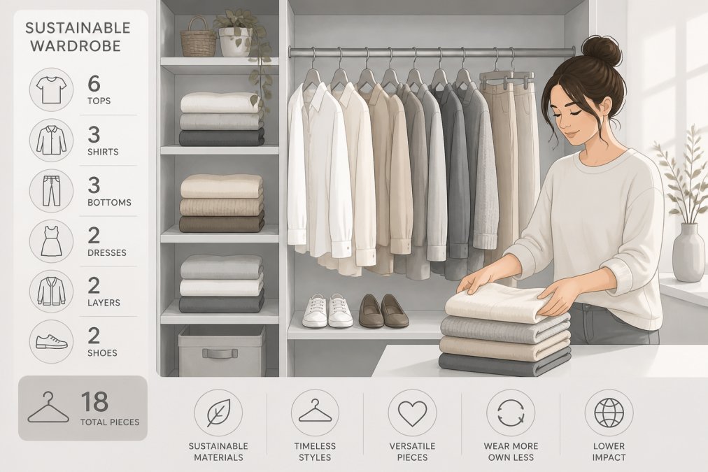 Woman organizing her closet with neatly folded sustainable clothing pieces in neutral tones, showing how a curated wardrobe looks in practice with natural lighting