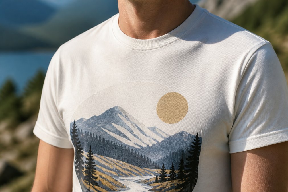 Close-up of person wearing a well-fitted organic cotton graphic t-shirt, showing the heavier knit texture and detailed print quality in natural daylight, with visible fabric weave and colour vibrancy