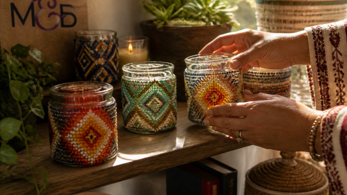 Close-up of hands carefully arranging handmade beaded glass jars and candles on a wooden shelf, with natural sunlight highlighting the intricate beadwork and warm amber glow of the candles