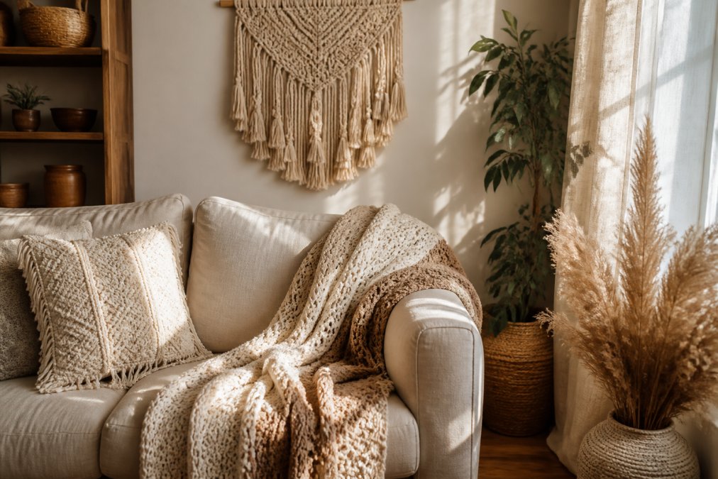 A cozy living room corner featuring a handmade macramé wall hanging and a crocheted throw blanket draped over a neutral linen sofa, with natural light streaming in