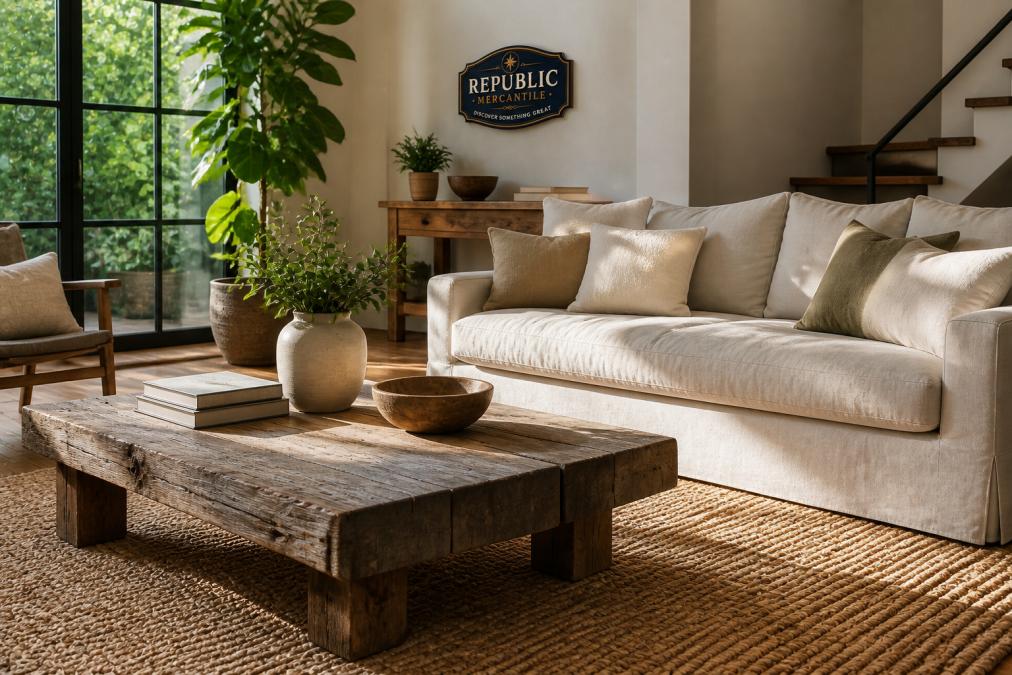 A bright living room with a reclaimed wood coffee table, woven natural fiber rug, linen sofa, and potted fiddle leaf fig, afternoon sunlight through large windows