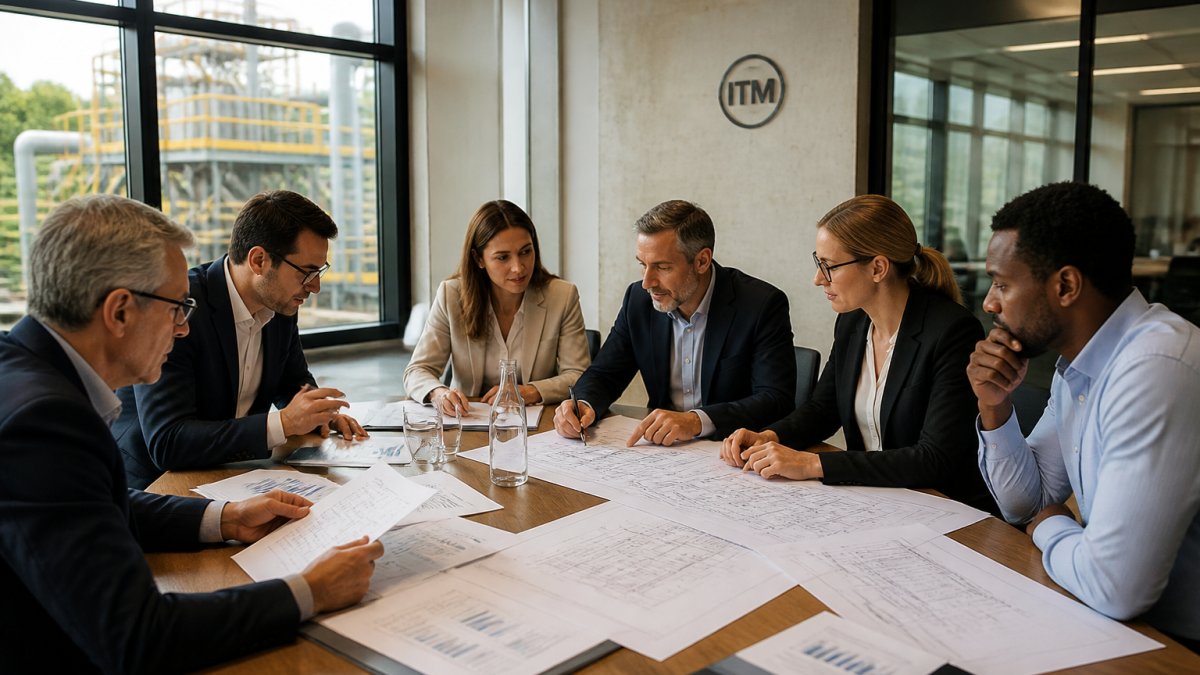 A group of finance directors and engineers reviewing infrastructure blueprints and financial reports around a large conference table in a bright, modern office