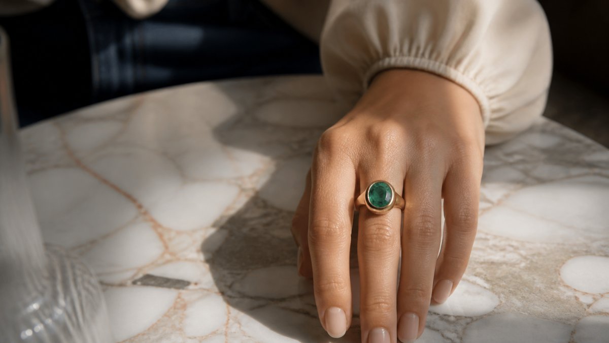 Close-up of a woman's hand wearing a bold 18k gold ring with a green gemstone, resting on a marble surface in soft natural light