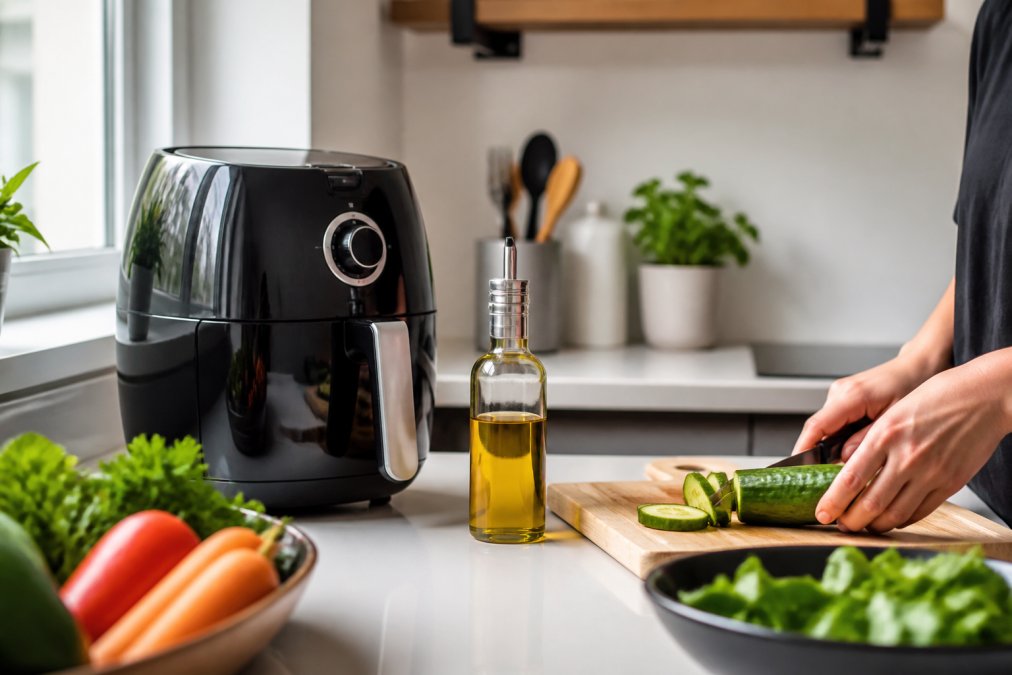 A modern kitchen countertop with a smart air fryer and a glass oil dispenser, natural light streaming in, a person's hands preparing vegetables nearby