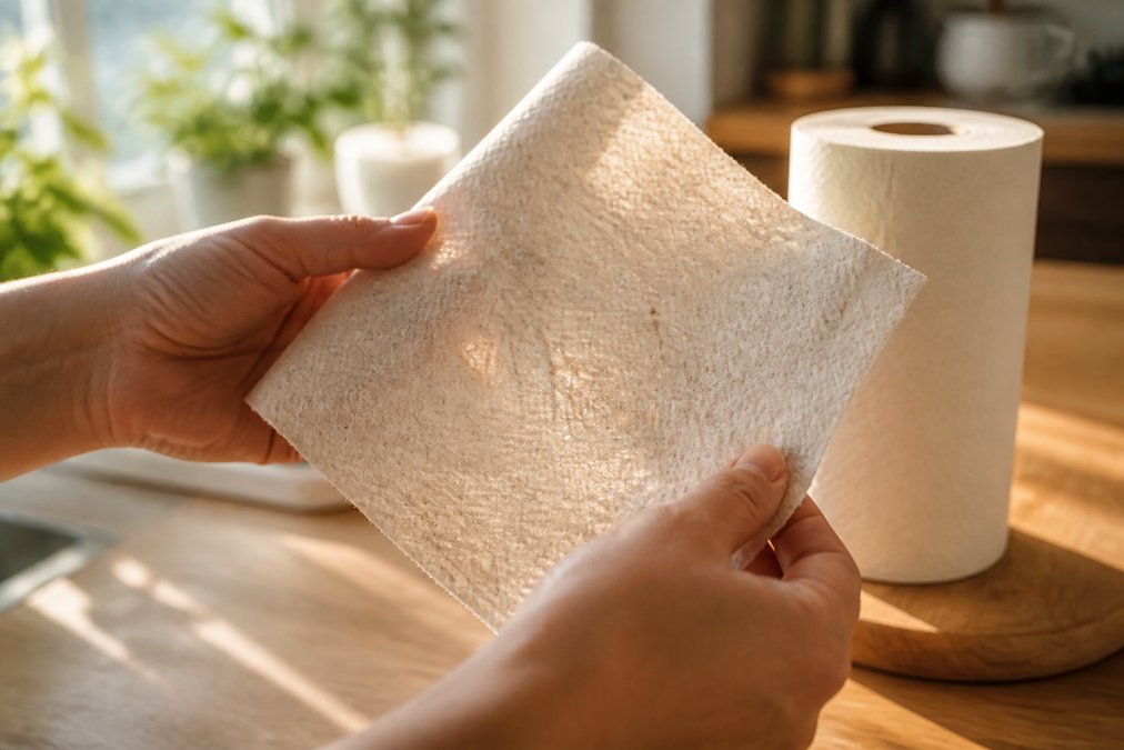 Close-up of hands holding eco-friendly kitchen roll with natural fibres visible, sunlight streaming through a kitchen window in the background