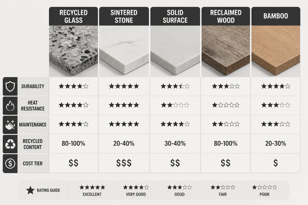 Comparison matrix of five sustainable countertop materials, recycled glass, sintered stone, solid surface, reclaimed wood, bamboo, rated on durability, heat resistance, maintenance, recycled content, and cost tier