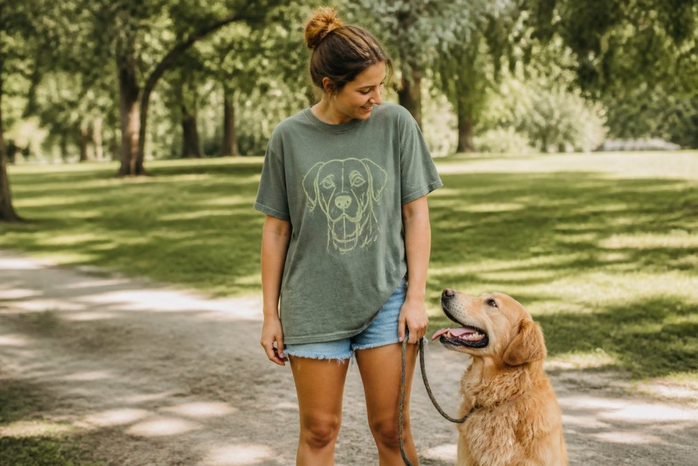 A young woman wearing a garment-dyed graphic t-shirt featuring a dog illustration, standing outdoors in a sunny park with her golden retriever on a leash