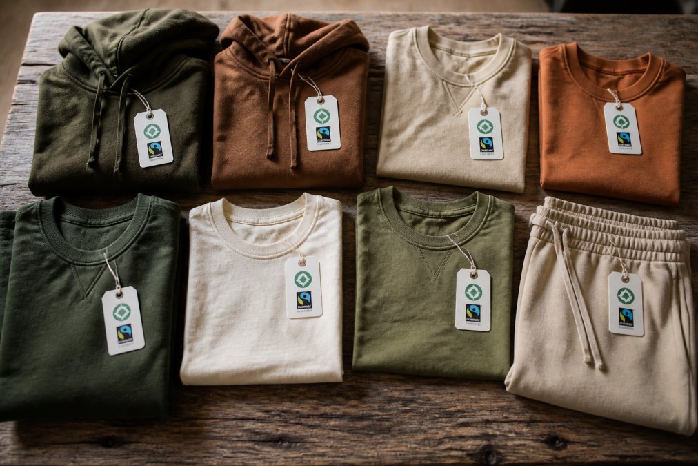 Flat lay of folded organic cotton hoodies, tees, and joggers in earthy tones arranged on a weathered wooden surface, with small GOTS and Fair Trade certification hang tags visible near each garment, shot in warm natural window light