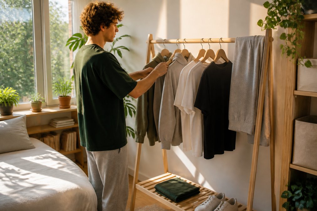 Young person in a sunlit bedroom arranging a small collection of sustainable streetwear basics, two hoodies, three tees, and a pair of joggers, on a minimal wooden clothing rack, with natural morning light coming through a large window