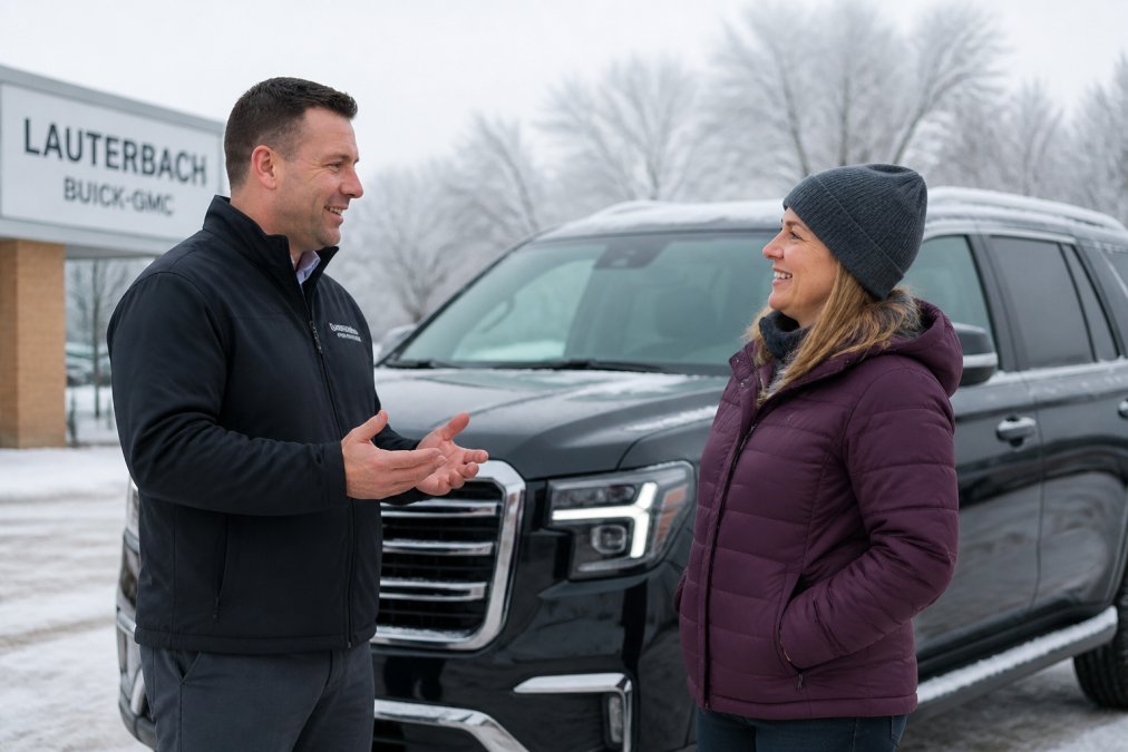 Modern full-size SUV parked in snowy rural landscape with frost-covered trees, clear winter sky, emphasizing all-wheel drive capability and winter-ready stance