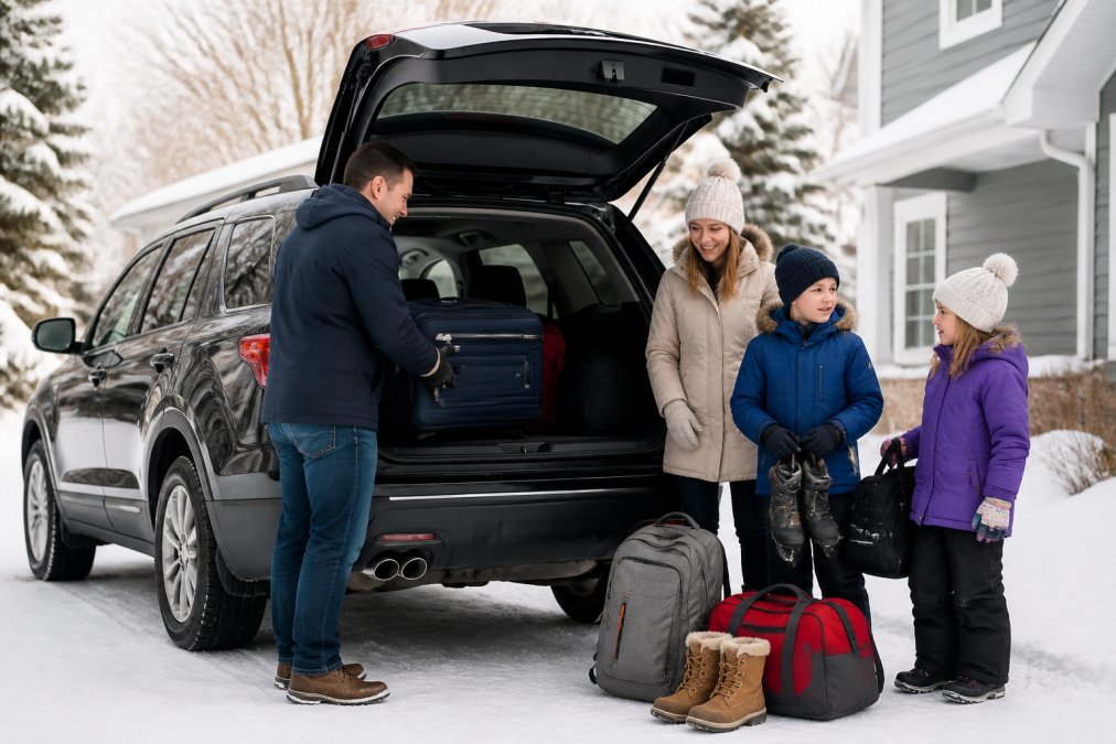 Family of four loading luggage and winter gear into the spacious trunk of an SUV parked in a snow-covered driveway, demonstrating cargo capacity and family-friendly design