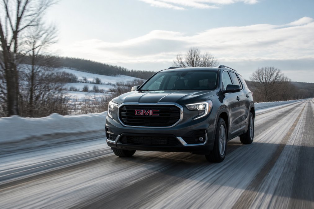 SUV driving safely on a snowy winter road with clear visibility and proper traction, demonstrating all-wheel drive winter handling capability