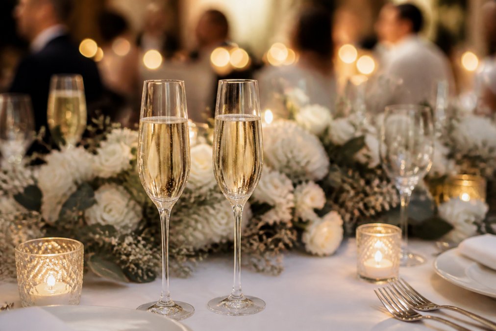 Elegant champagne flutes filled with sparkling wine positioned on a decorated wedding reception table, with soft candlelight reflecting off the glasses and white floral arrangements in soft focus behind