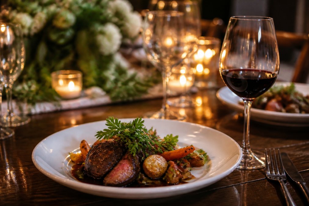A beautifully plated wedding dinner course with herb-garnished protein and seasonal vegetables, positioned beside a wine glass containing red wine, showing the elegant relationship between food and wine pairing in soft candlelit dining