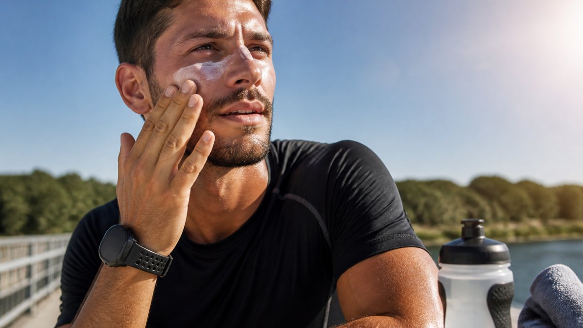 Close-up of a man applying sunscreen lotion to his face outdoors before a run, with a water bottle and towel nearby on a sunny day