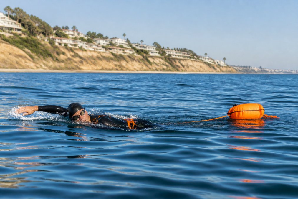 An open water swimmer in a wetsuit and swim cap towing a bright orange safety buoy behind them in calm blue ocean water, with a coastline visible in the background and morning sunlight on the water
