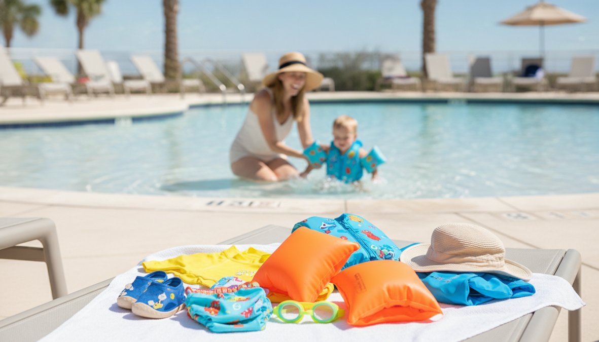 Toddler wearing bright high-visibility swimsuit and properly fitted life jacket playing safely in shallow pool with attentive parent nearby, morning sunlight reflecting off water