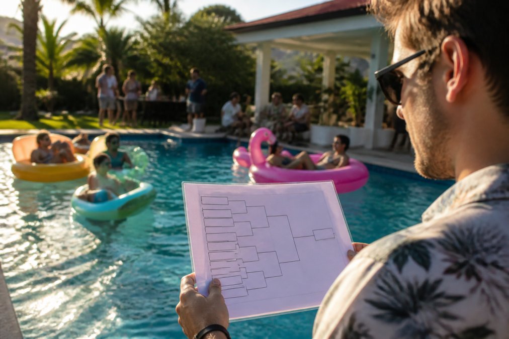 Person in sunglasses holding a laminated tournament bracket sheet poolside, pool floaties and guests visible in the background in warm afternoon light