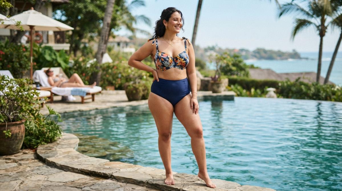 Woman wearing high-waisted bikini with bold patterned top and tummy control bottom, posing confidently by the pool with adjustable strap details visible