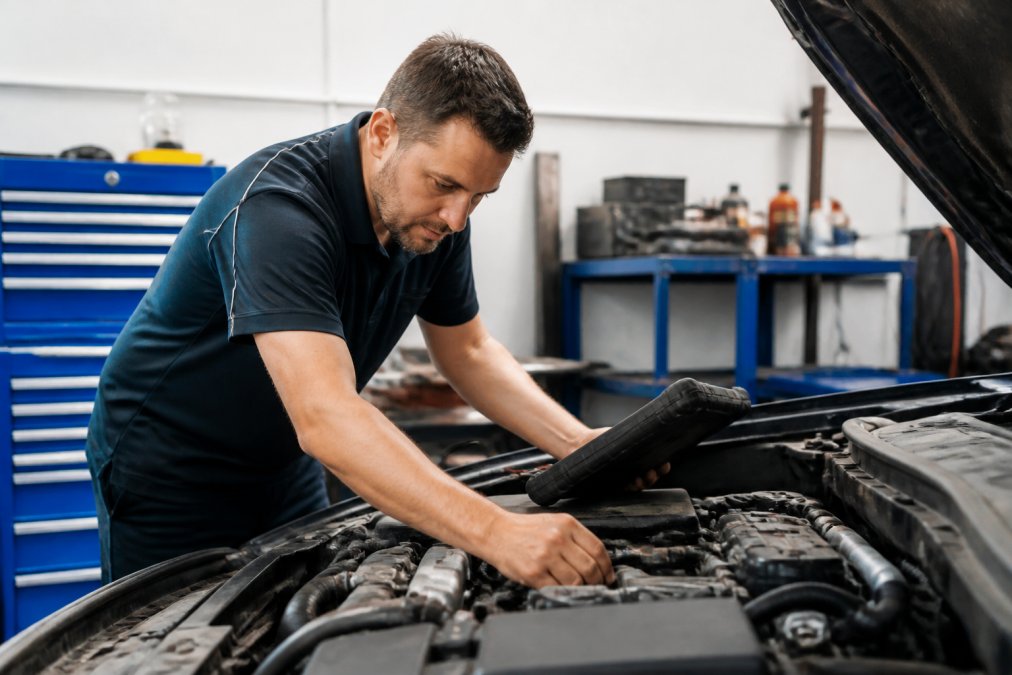 Professional mechanic in modern workshop using diagnostic computer equipment on vehicle engine, with professional tools and toolboxes visible in the background under bright workshop lighting