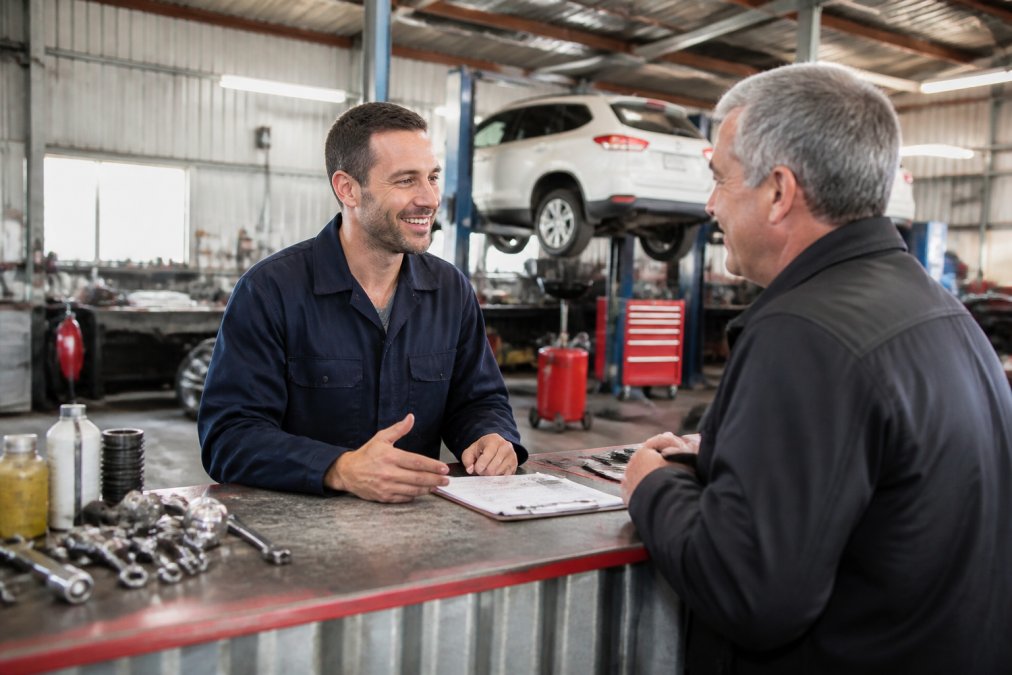 Customer speaking with friendly mechanic at service counter, discussing vehicle repair options with transparent communication, natural workshop lighting, both smiling and engaged