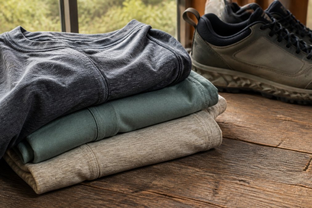 Close-up of folded athletic base layers in merino wool, lyocell, and hemp blends on a wooden table beside a trail shoe, soft window light