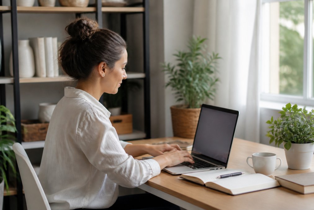 A small business owner working on a laptop at a tidy home desk, with a CRM dashboard visible on the screen and a notebook and coffee nearby