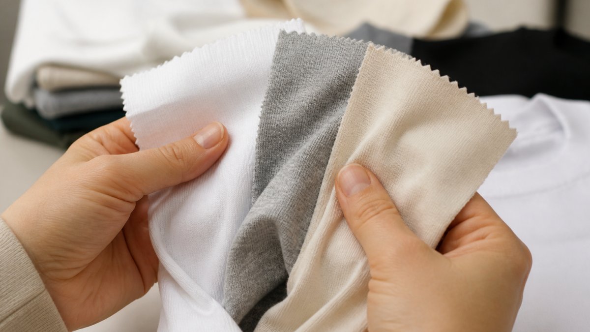 Close-up of hands holding different fabric swatches showing texture and weave differences between 100% cotton, polyester, and cotton-blend materials in natural light