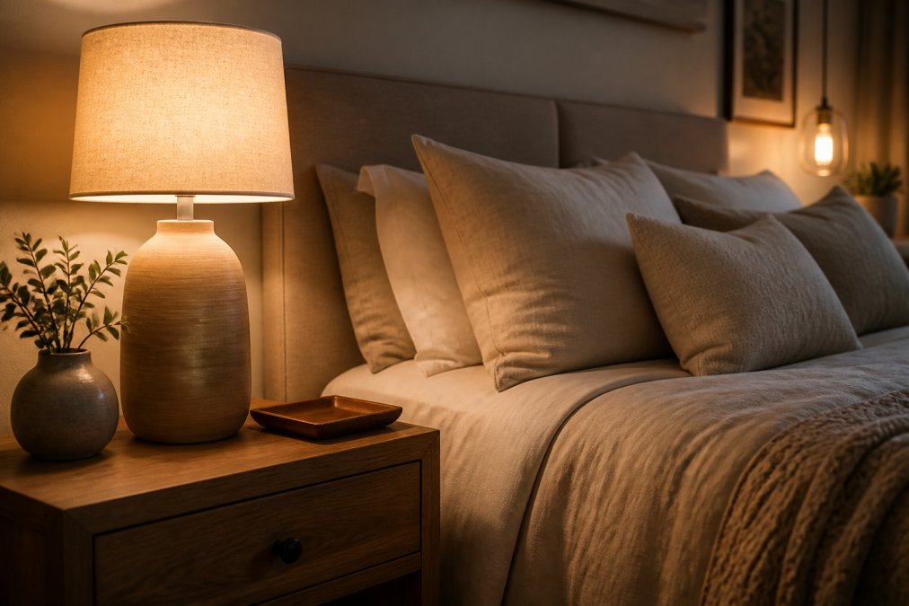 Diagram illustrating how to layer the best table lamps for cozy bedroom lighting using soft, warm accent textures.