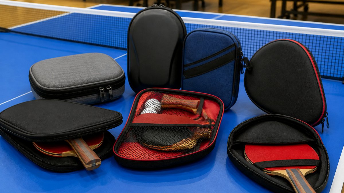 Infographic comparing features of hard-shell and soft-sided table tennis paddle cases with protective padding.