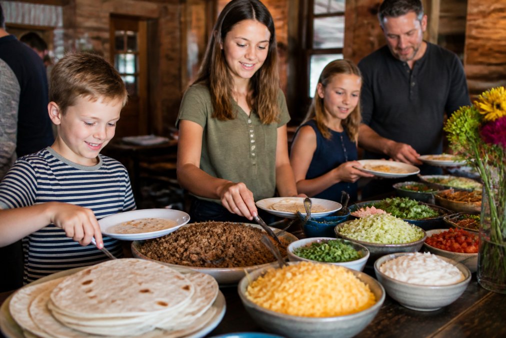 A vibrant, kid-friendly taco bar spread on a long table with bowls of shredded cheese, shredded lettuce, diced tomatoes, and sour cream surrounding a platter of seasoned ground beef and a stack of warm flour tortillas