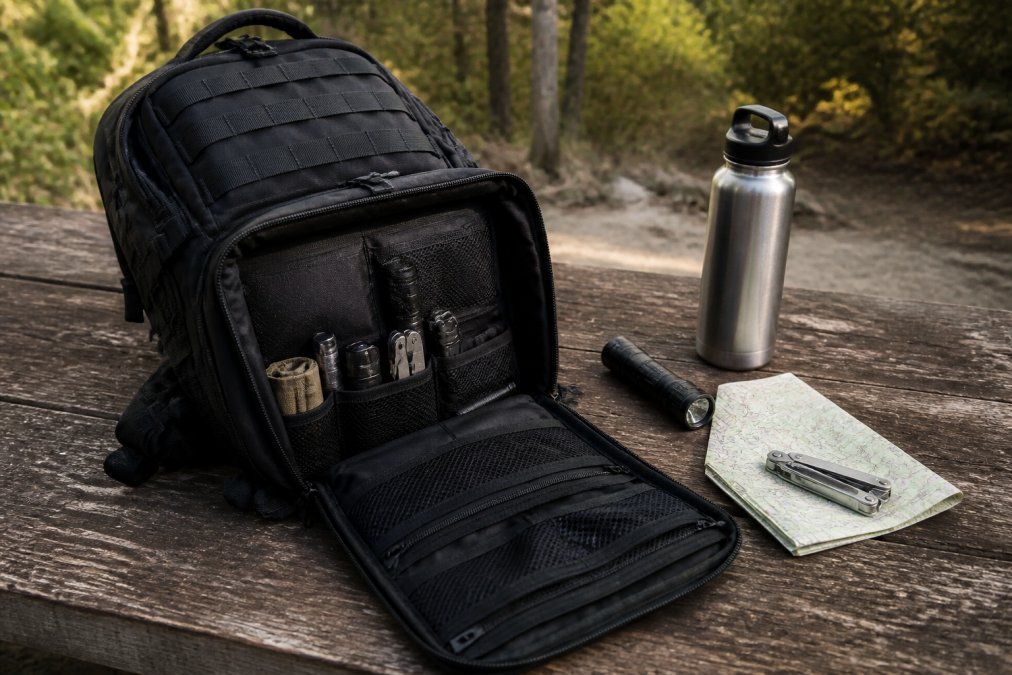 A rugged black tactical backpack with MOLLE webbing and multiple zippered compartments laid open on a weathered wooden table alongside a flashlight, multi-tool, folded map, and stainless water bottle, photographed in natural afternoon daylight