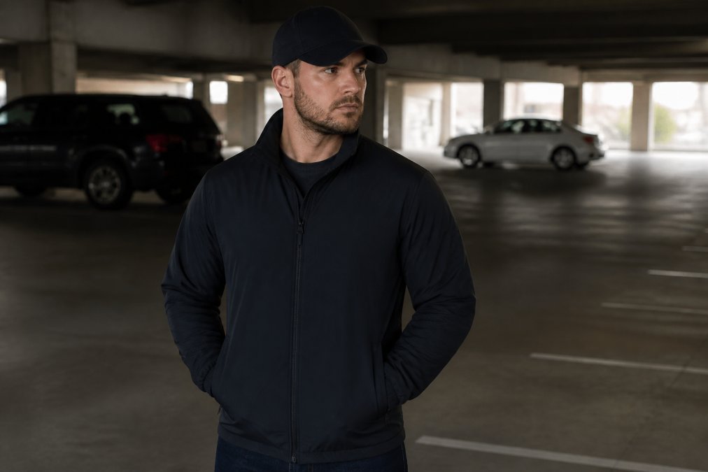 A professional in a plain dark jacket and baseball cap standing in a parking garage, the faint outline of a chest rig invisible under the fabric, looking alert but relaxed