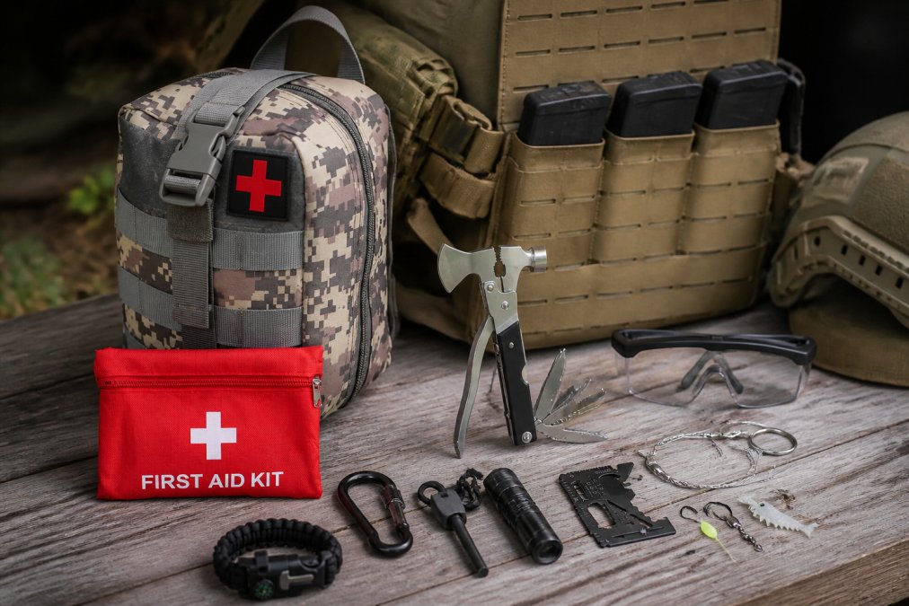 Close-up of tactical backpack with plate carrier, IFAK pouch, and protective equipment laid out on wooden surface, showing organized gear arrangement with natural lighting