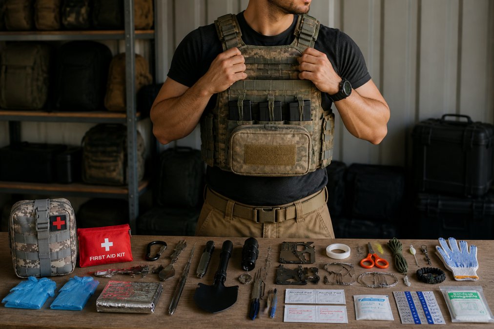Person wearing properly fitted plate carrier with MOLLE pouches attached, demonstrating correct positioning and load distribution during tactical movement