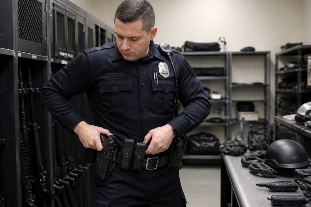 A law enforcement officer in full duty uniform adjusting a loaded duty belt with holster, belt keepers, and pouches visible, standing in a well-lit equipment room