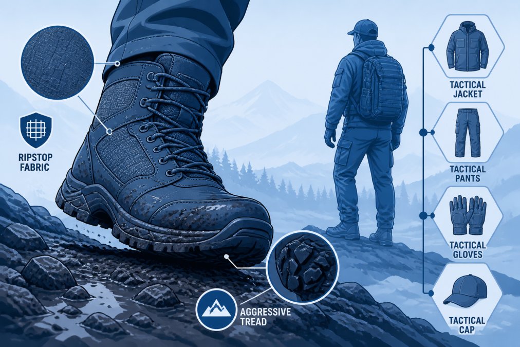 Close-up of tactical boots on rocky, muddy terrain showing ripstop fabric construction and aggressive tread pattern, with a person in tactical apparel visible in the background