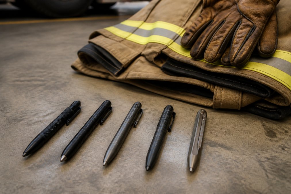 Five tactical pens laid out on a firehouse apparatus bay floor beside a folded turnout coat and leather gloves, overhead fluorescent lighting