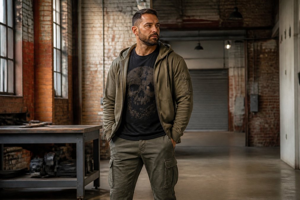 A man wearing a heavy-blend tactical hoodie in neutral tone layered over a fitted graphic t-shirt and cargo pants with reinforced seams, standing confidently in an urban warehouse setting with exposed brick and industrial lighting