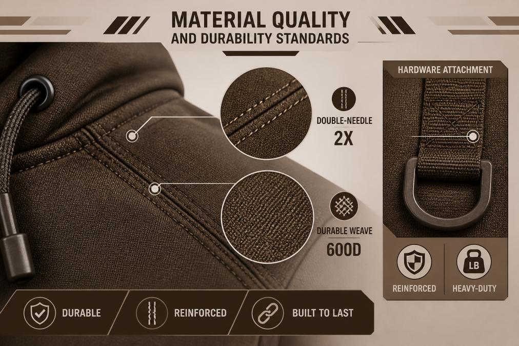 Close-up detail of reinforced stitching on a tactical hoodie seam, showing double-needle construction and heavy-duty hardware attachment points, with natural lighting highlighting the fabric texture and weave quality
