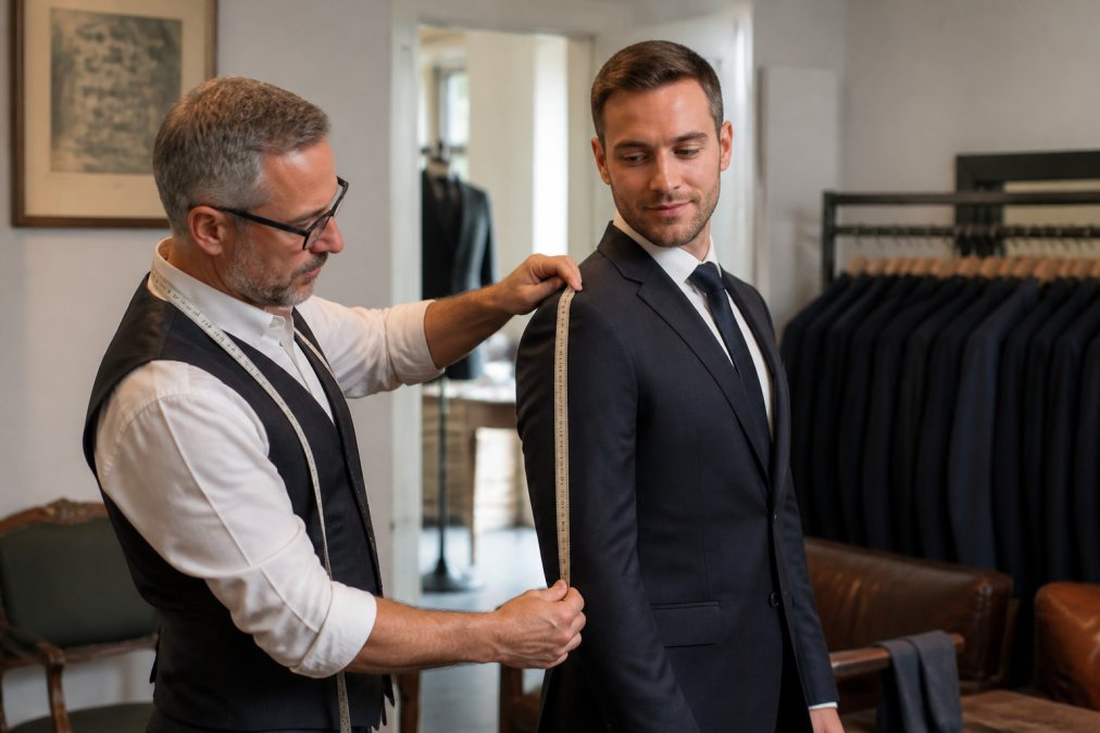 Professional tailor measuring a client's suit jacket shoulders and sleeve length during a fitting appointment, with precision tape measure visible and natural workshop lighting