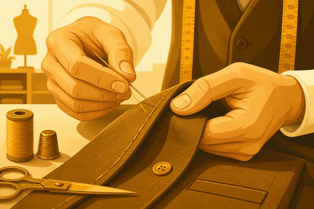 Close-up of a tailor's hands working on suit fabric with needle and thread, showing detailed precision stitching and craftsmanship in natural workshop lighting