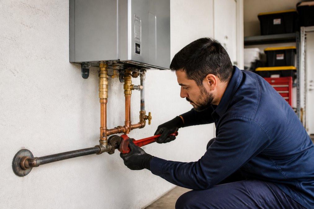 A licensed plumber in work uniform using a pipe wrench on a gas line connection near a wall-mounted tankless water heater unit in a clean residential garage