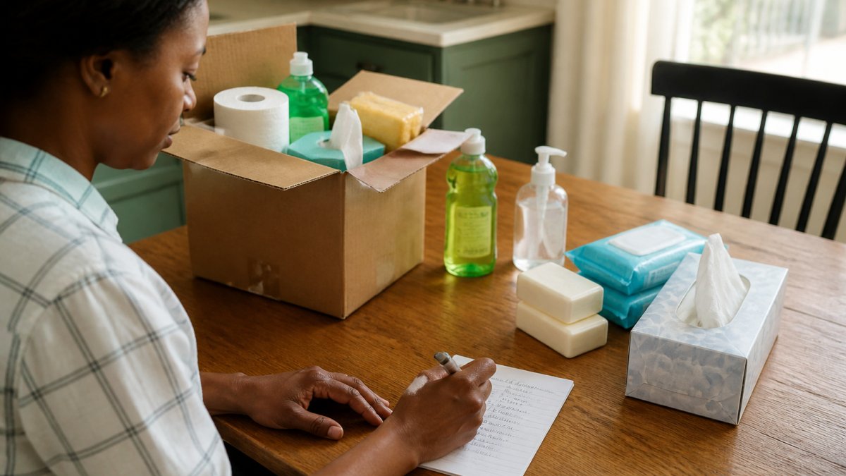 A person writing a shopping list on a notepad at a kitchen table, with a laptop open to an online store and a few household items like soap and tissues nearby