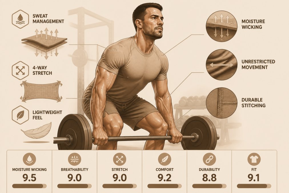 Fit man wearing performance athletic wear during intense gym session, showing sweat management and fabric movement during heavy barbell lift with visible muscle engagement