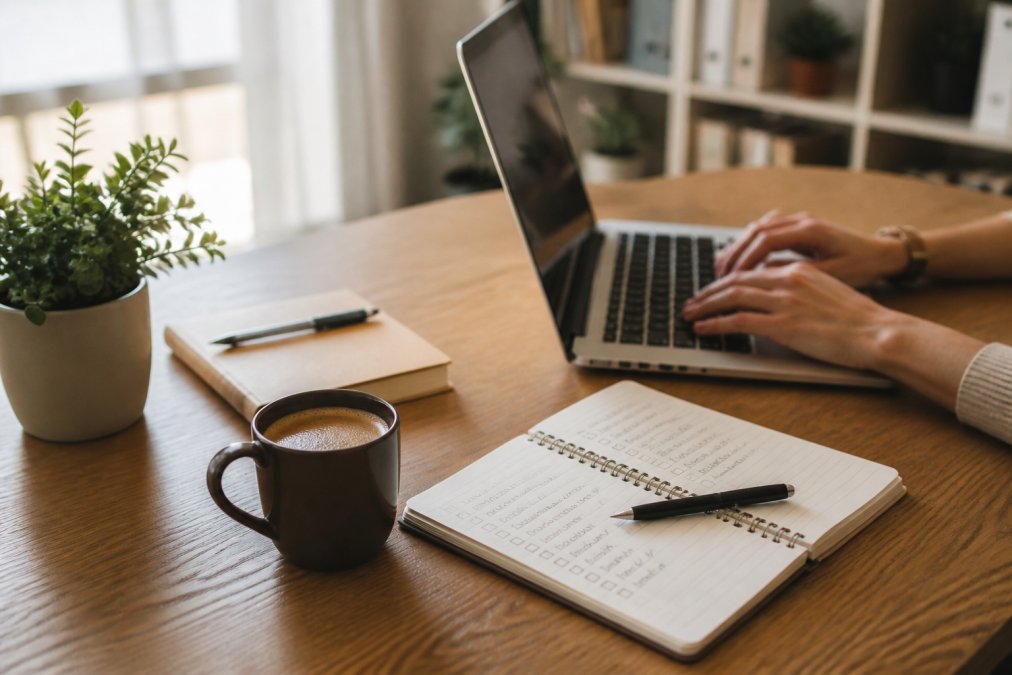 A bright home office desk featuring a laptop with a task manager for freelancers, a coffee cup, and a handwritten list.