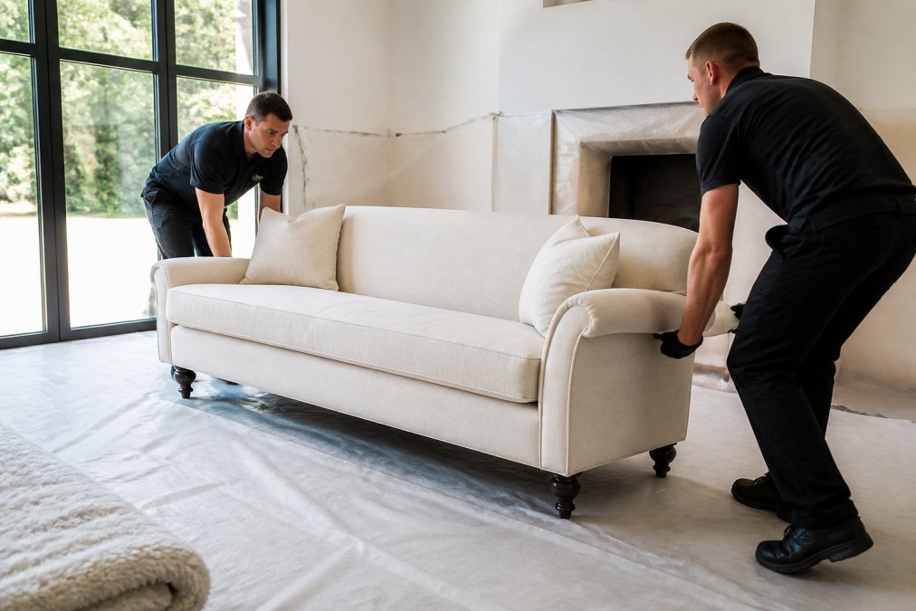 Delivery team carefully positioning a cream sofa as one of many furniture alternatives in a protected living room